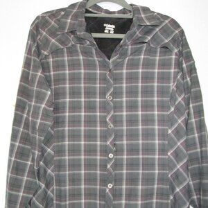Columbia Women sz XL Hiking Outdoor Vented Shirt Gray White Plaid Long Sleeved